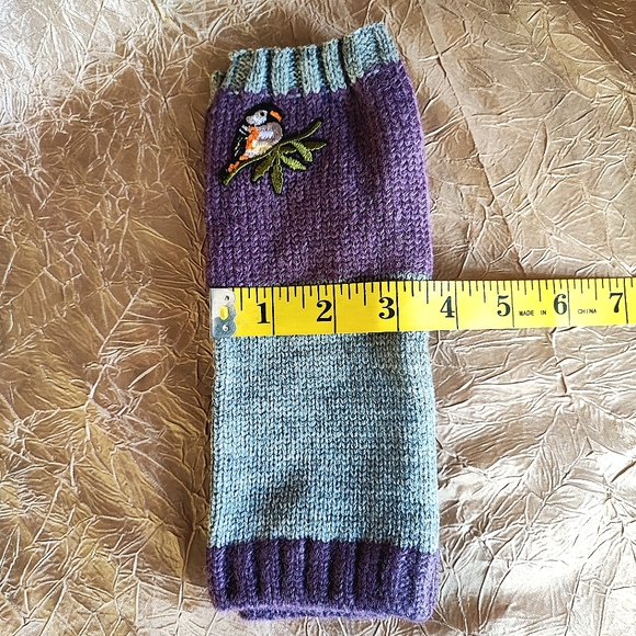 Fingerless Gloves Thumb Holes Purple Gray Grey Embroidered Birds Mittens NEW - Picture 5 of 10